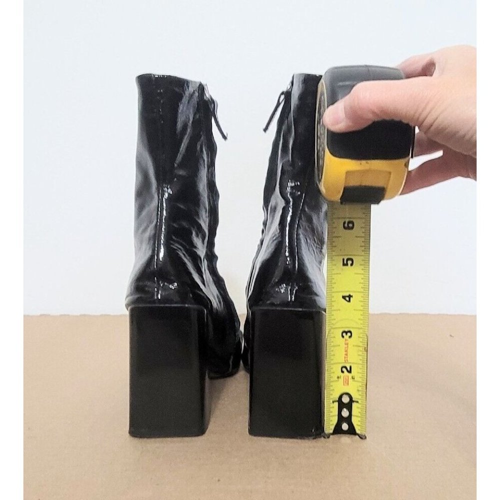 Topshop Black Patent Leather Boots Womens Size 38 Chunky Block Heel Retro - Picture 11 of 14